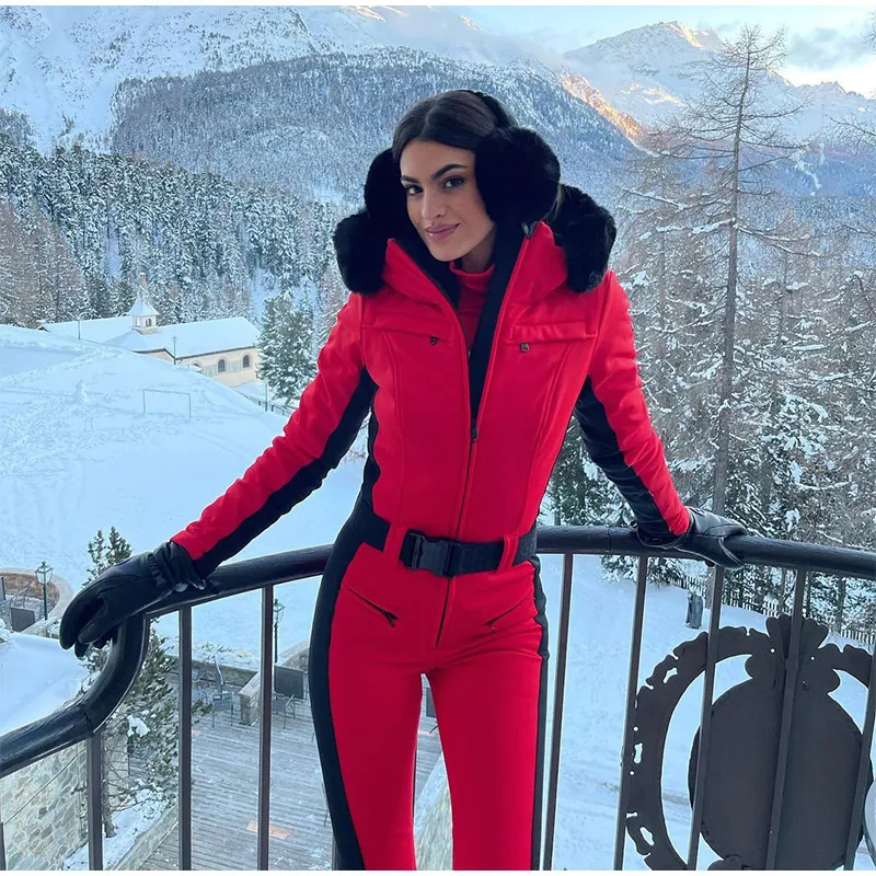 Fashion Hooded Women's Skiwear Jumpsuits Stand Collar Zipper Long Sleeve High Waist Cotton Jumpsuit 2026 Winter Warm Romper
