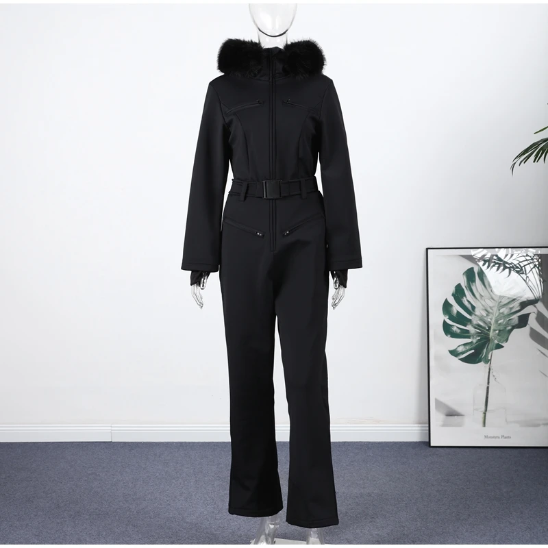 Fashion Hooded Women's Skiwear Jumpsuits Stand Collar Zipper Long Sleeve High Waist Cotton Jumpsuit 2026 Winter Warm Romper