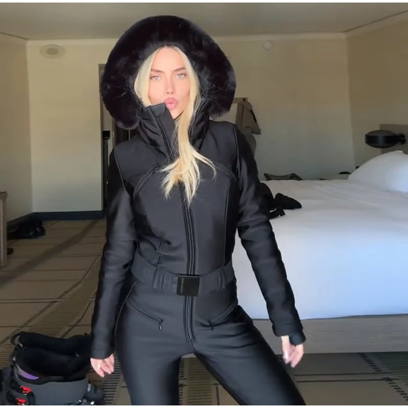 Fashion Hooded Women's Skiwear Jumpsuits Stand Collar Zipper Long Sleeve High Waist Cotton Jumpsuit 2026 Winter Warm Romper