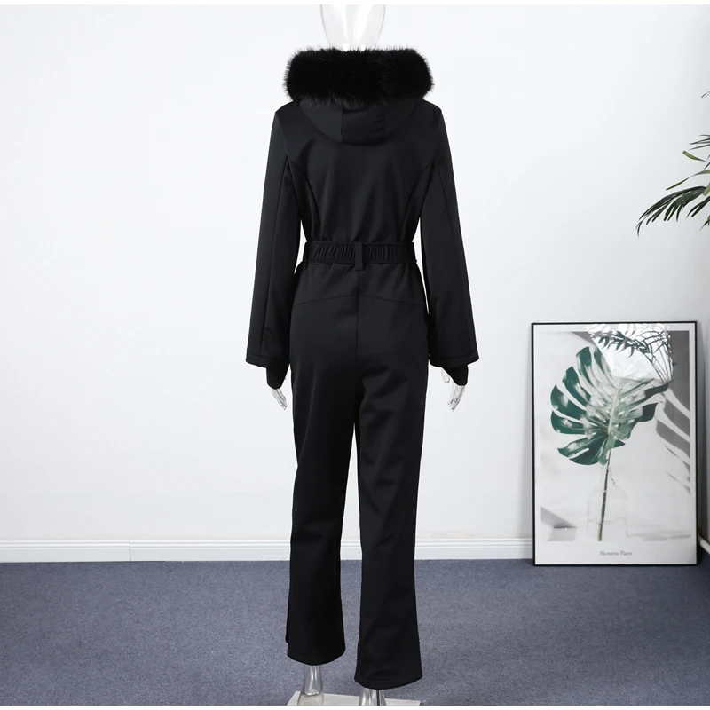 Fashion Hooded Women's Skiwear Jumpsuits Stand Collar Zipper Long Sleeve High Waist Cotton Jumpsuit 2026 Winter Warm Romper
