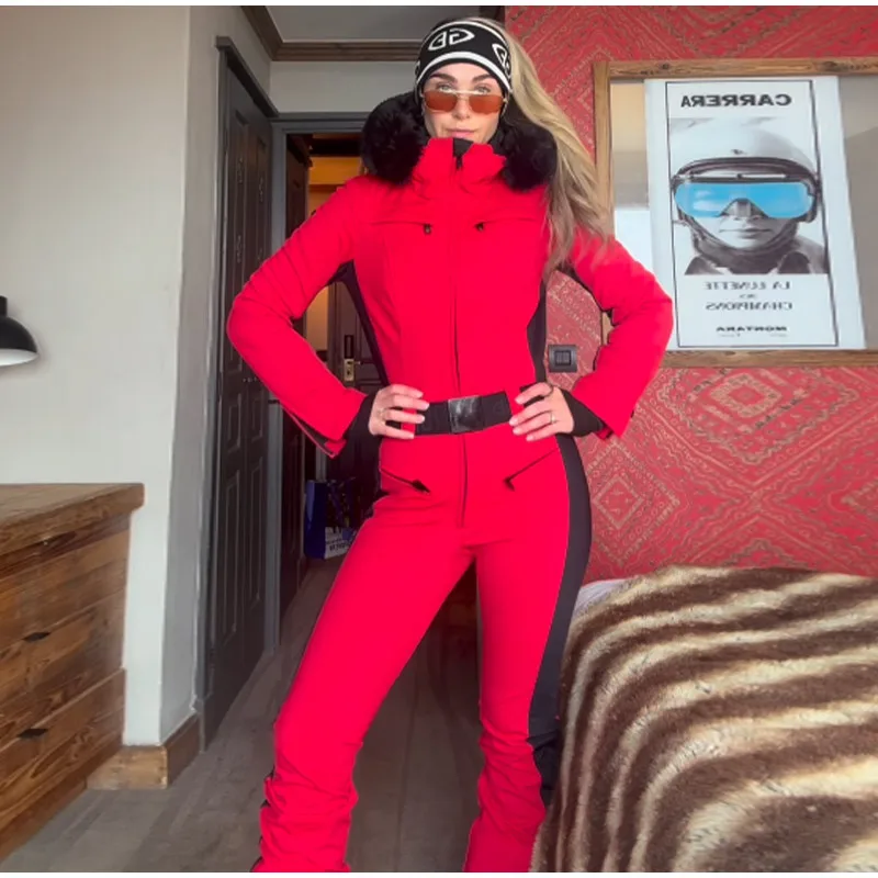 Fashion Hooded Women's Skiwear Jumpsuits Stand Collar Zipper Long Sleeve High Waist Cotton Jumpsuit 2026 Winter Warm Romper