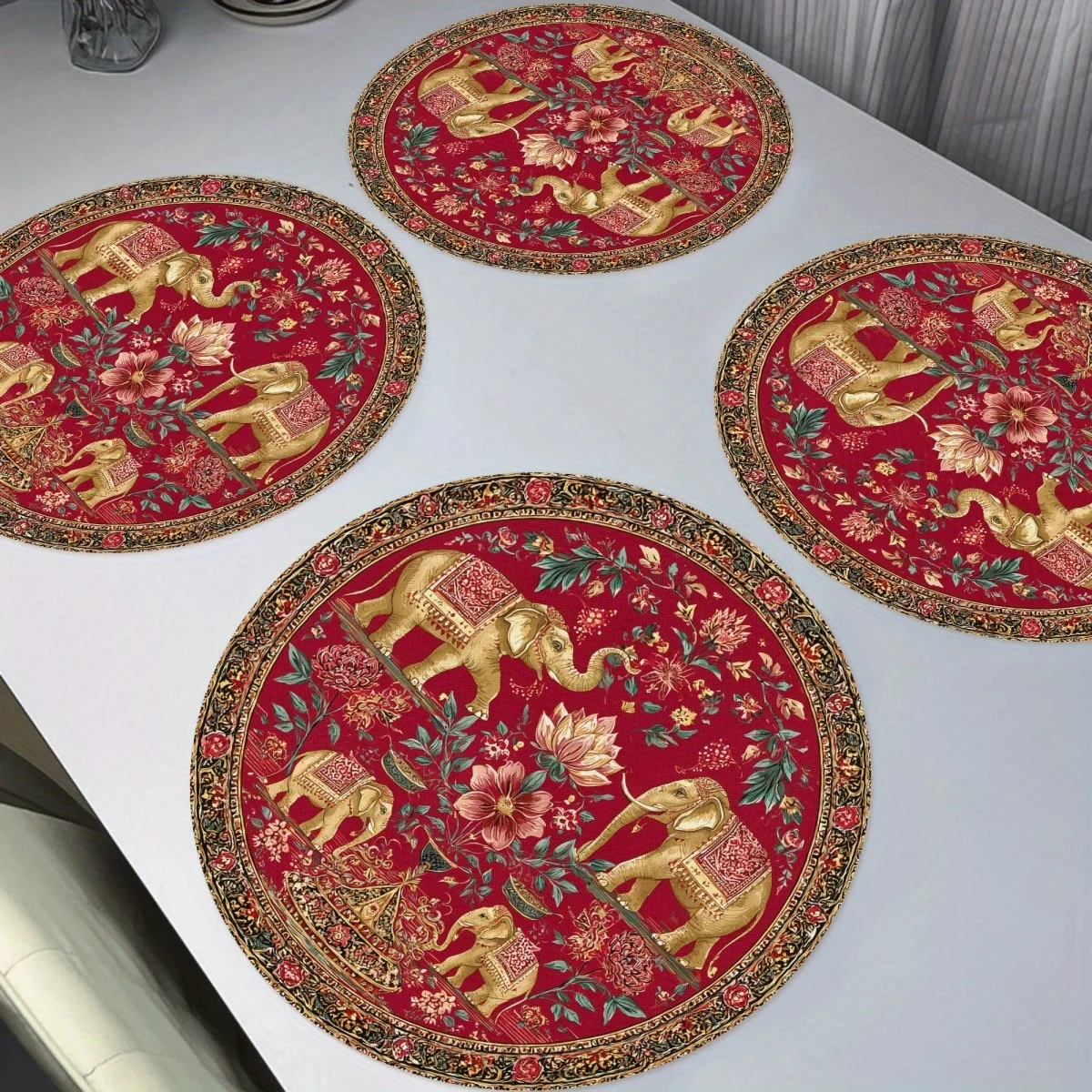 VIKAMA 4PC Indian style Golden Elephant Meal Mat Golden Elephant Flower Table Restaurant Theme Party Decoration