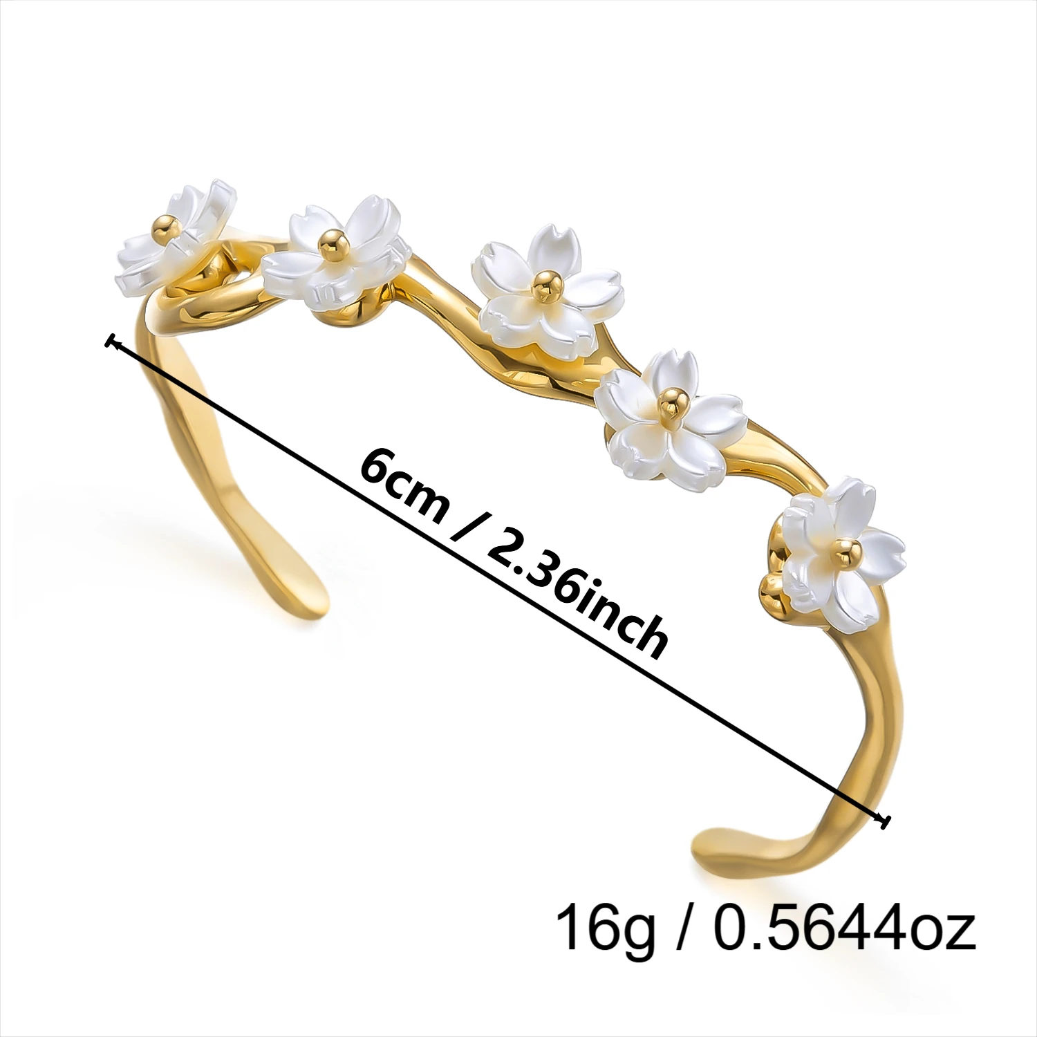 Exquisite Stainless Steel Cuff Bracelets For Women Gold Plated Evil Eye Zircon Wavy Shell Flower Open Bangle Waterproof Jewelry