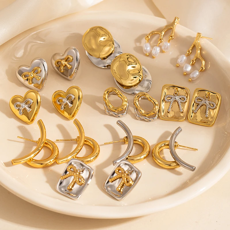 ANENJERY 316L Stainless Steel Heart Geometry Lines Bowknot Pearl Earrings For Women Luxury Vintage French Jewelry Gift Wholesale