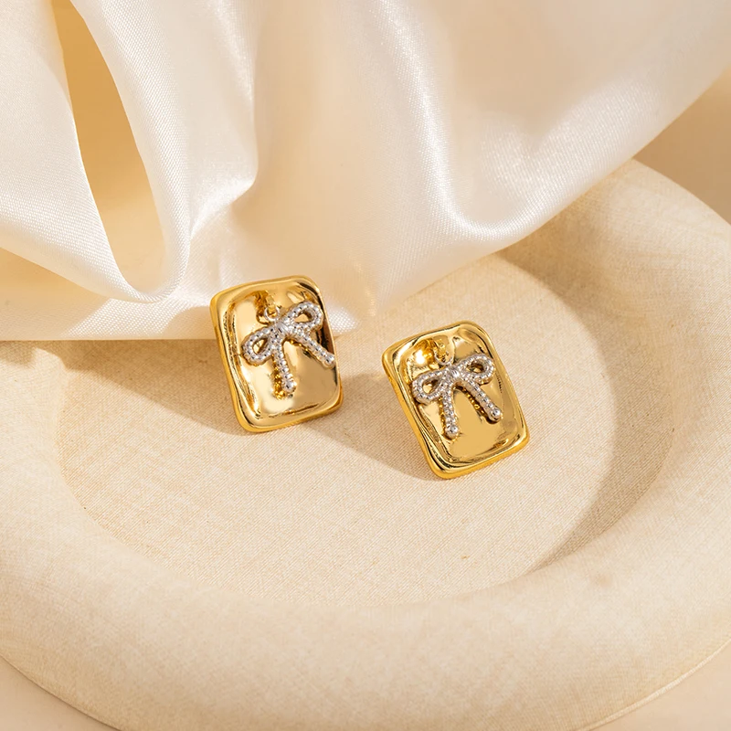 ANENJERY 316L Stainless Steel Heart Geometry Lines Bowknot Pearl Earrings For Women Luxury Vintage French Jewelry Gift Wholesale
