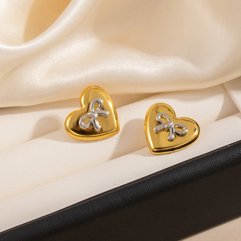 ANENJERY 316L Stainless Steel Heart Geometry Lines Bowknot Pearl Earrings For Women Luxury Vintage French Jewelry Gift Wholesale