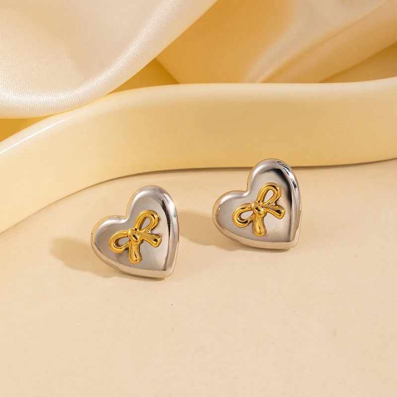 ANENJERY 316L Stainless Steel Heart Geometry Lines Bowknot Pearl Earrings For Women Luxury Vintage French Jewelry Gift Wholesale