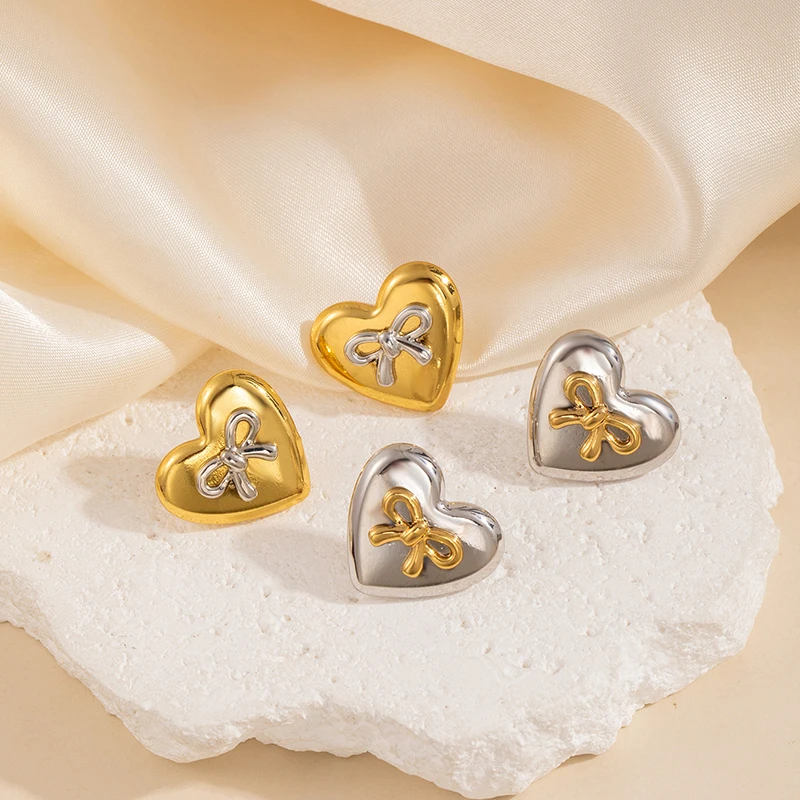ANENJERY 316L Stainless Steel Heart Geometry Lines Bowknot Pearl Earrings For Women Luxury Vintage French Jewelry Gift Wholesale