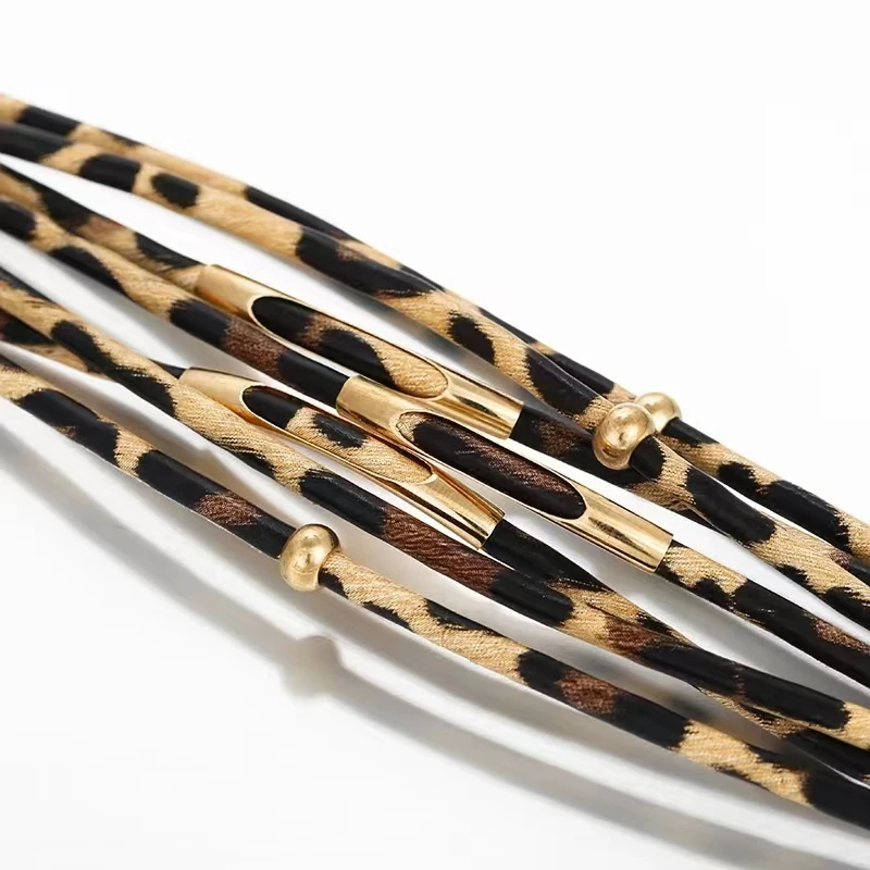 Vintage Metal Tube Leopard Leather Bracelet For Women Men Boho Multilayer Wrap Wide Bracelet Charm Jewelry
