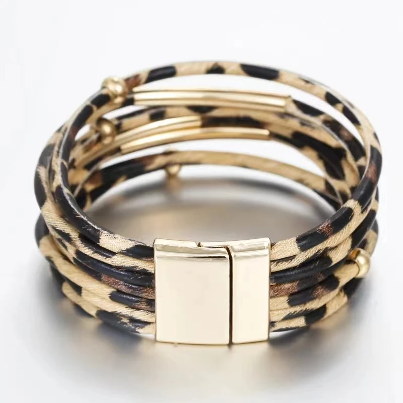 Vintage Metal Tube Leopard Leather Bracelet For Women Men Boho Multilayer Wrap Wide Bracelet Charm Jewelry