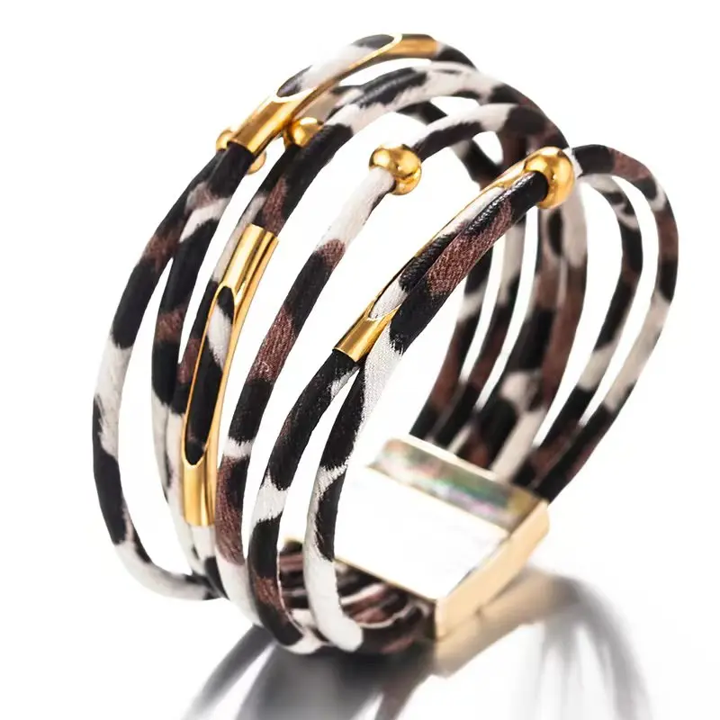 Vintage Metal Tube Leopard Leather Bracelet For Women Men Boho Multilayer Wrap Wide Bracelet Charm Jewelry