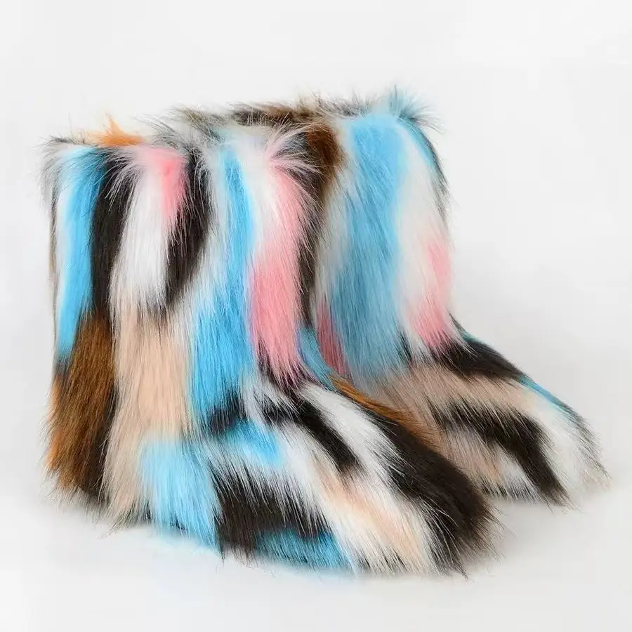 New Winter Shoes Women's Fashion Fluffy Faux Fur Boots Ladies Plush Warm Snow Boots Luxury Footwear Girls Furry Fur Booties36-45