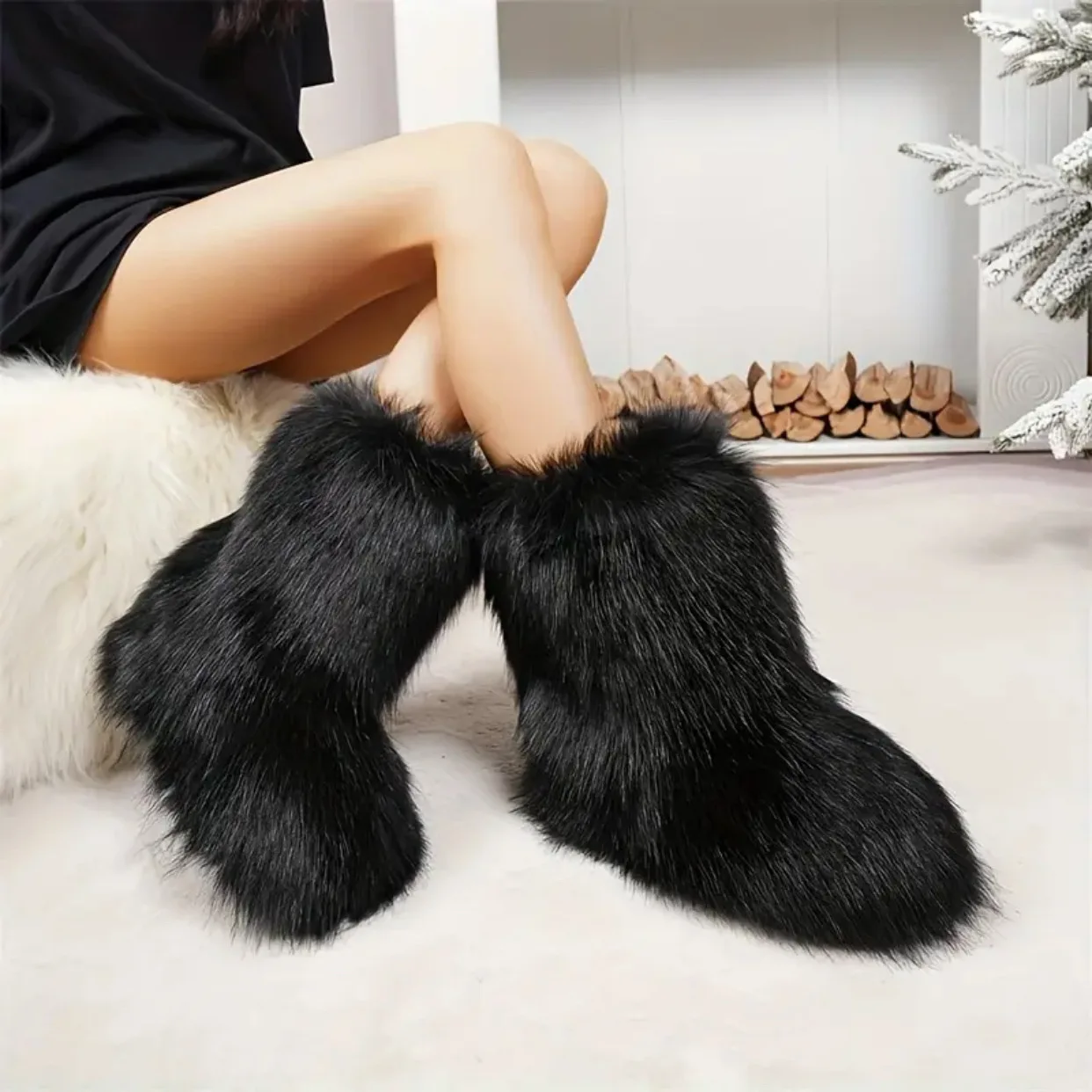 New Winter Shoes Women's Fashion Fluffy Faux Fur Boots Ladies Plush Warm Snow Boots Luxury Footwear Girls Furry Fur Booties36-45