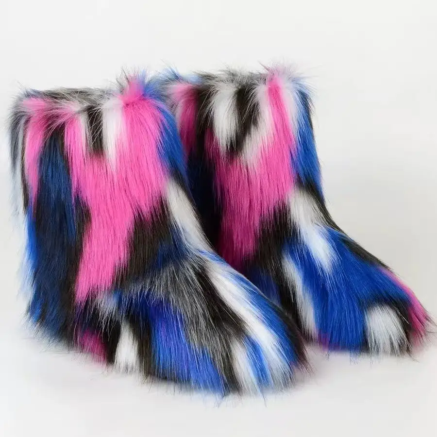 New Winter Shoes Women's Fashion Fluffy Faux Fur Boots Ladies Plush Warm Snow Boots Luxury Footwear Girls Furry Fur Booties36-45