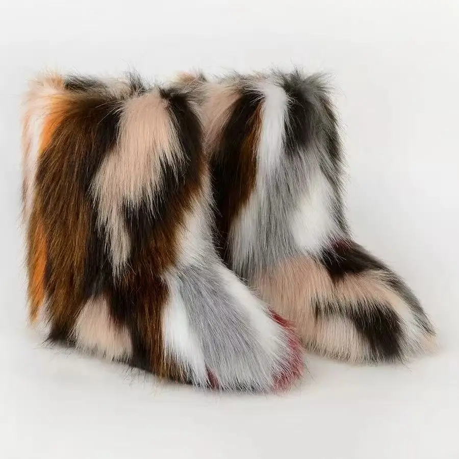 New Winter Shoes Women's Fashion Fluffy Faux Fur Boots Ladies Plush Warm Snow Boots Luxury Footwear Girls Furry Fur Booties36-45