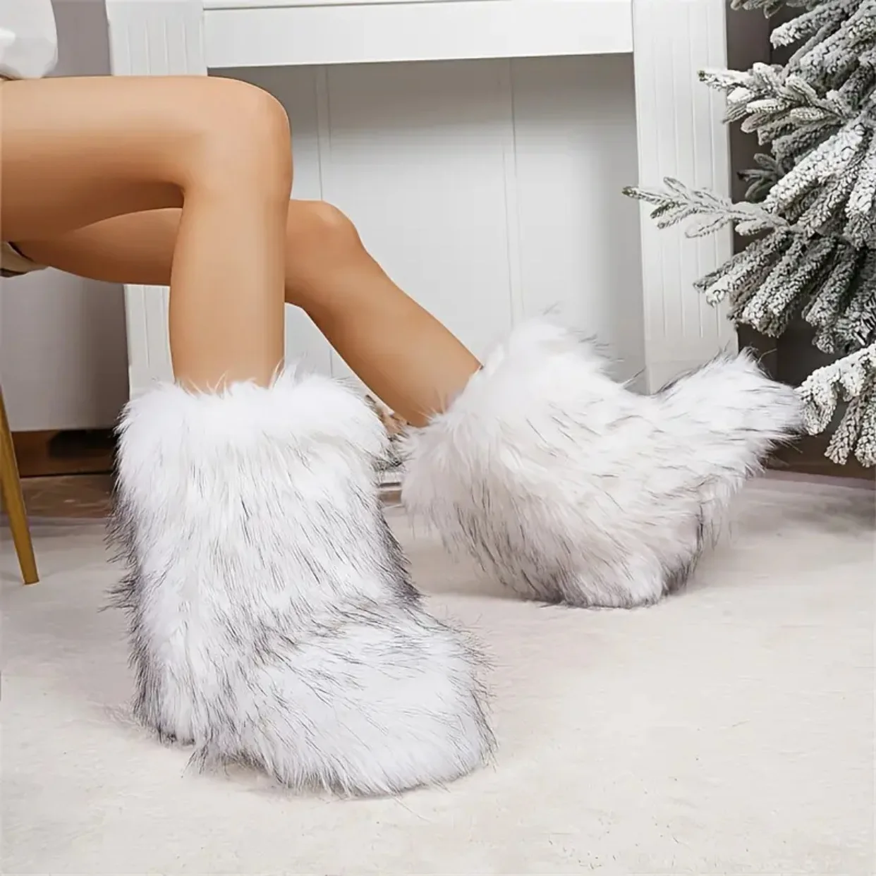 New Winter Shoes Women's Fashion Fluffy Faux Fur Boots Ladies Plush Warm Snow Boots Luxury Footwear Girls Furry Fur Booties36-45