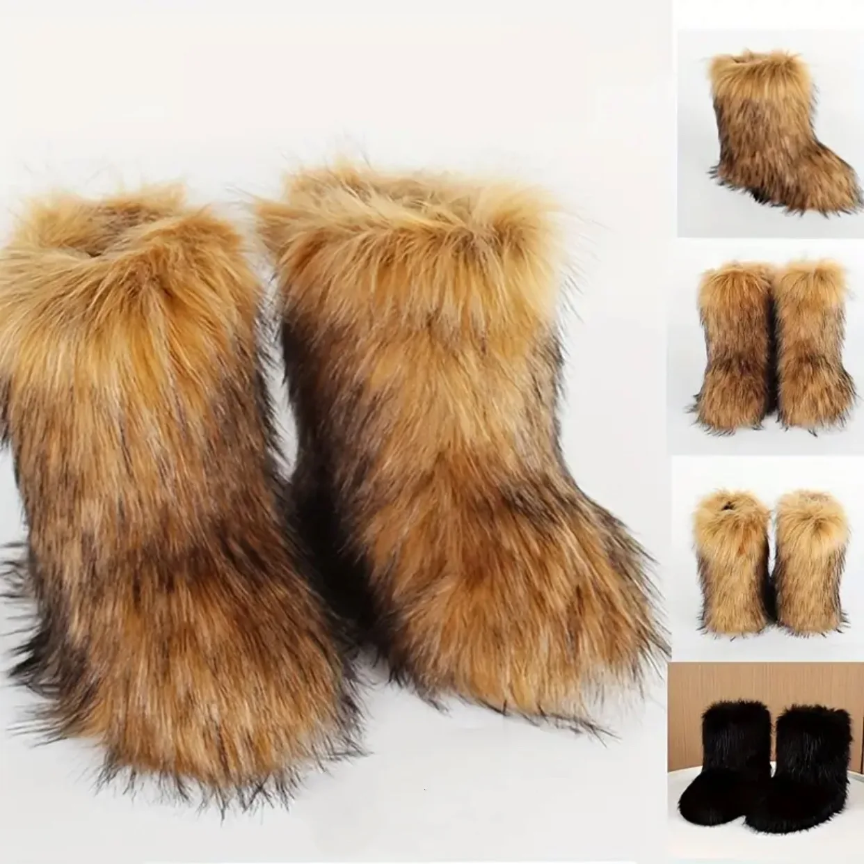 New Winter Shoes Women's Fashion Fluffy Faux Fur Boots Ladies Plush Warm Snow Boots Luxury Footwear Girls Furry Fur Booties36-45