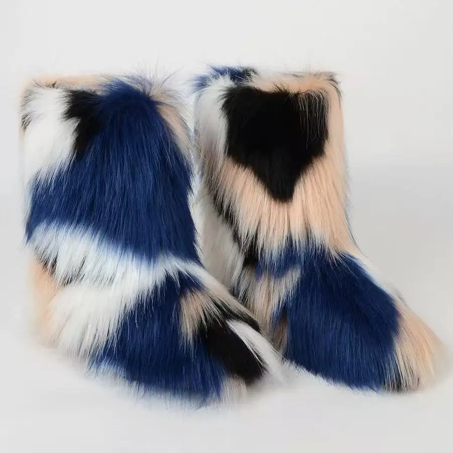 New Winter Shoes Women's Fashion Fluffy Faux Fur Boots Ladies Plush Warm Snow Boots Luxury Footwear Girls Furry Fur Booties36-45