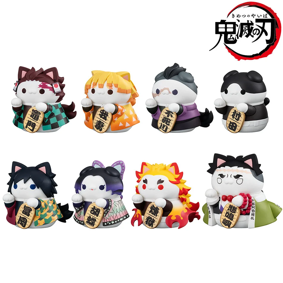 8pcs Q Version Demon Slayer Sitting Ghost Doll Tanjiro Nezuko Inosuke Zenizu Toy Figure Lucky Cat Series PVC Model Birthday Gift