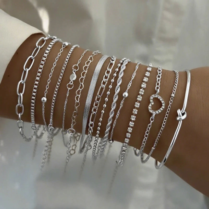 Fashion Elegant Heart Zircon Charm Bracelet Sets for Women Vintage Minimalist Multi-Element Twist Chain Metal Bracelets Jewelry