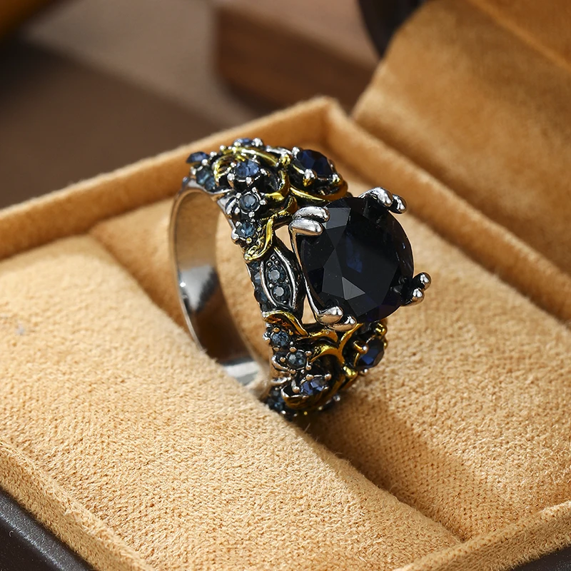 Retro and Trendy Blue Color Inlaid Zircon Leaf Women's Ring, Luxurious and Fashionable Banquet Party Accessories, Jewelry Gifts