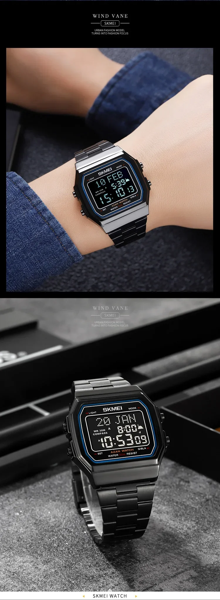SKMEI 2113 Mens Prayer Azan Compass Alarm Hijri Islamic Digital Wristwatches New Back Light Display Stopwatch Sports Watches
