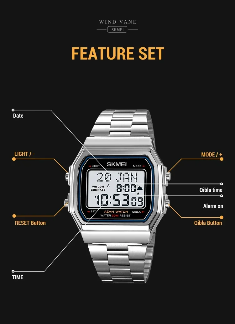 SKMEI 2113 Mens Prayer Azan Compass Alarm Hijri Islamic Digital Wristwatches New Back Light Display Stopwatch Sports Watches