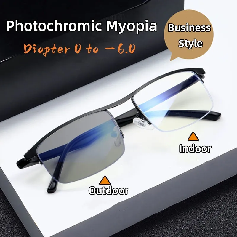 Trendy Men's Business Photochromic Myopia Sunglasses Unisex Fashion Anti-blue Light Near Sight Eyewear Minus Diopter Eyeglasses