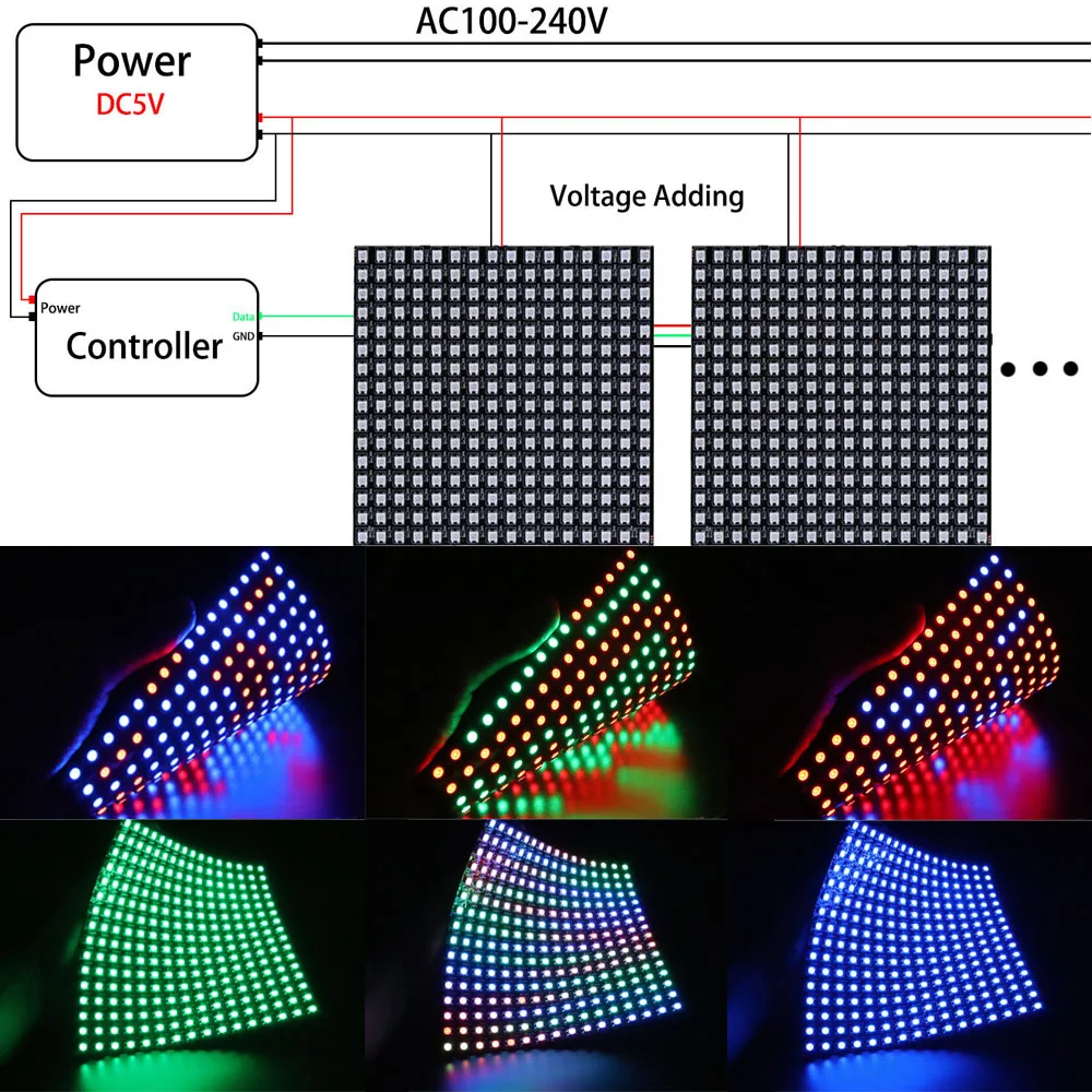 1-10Pcs WS2812B 5050 RGB Flexible 8X8 16X16 8X32Leds Pixel Matrix Screen Panel WS2812 Individually Addressable IC Strip Light 5V
