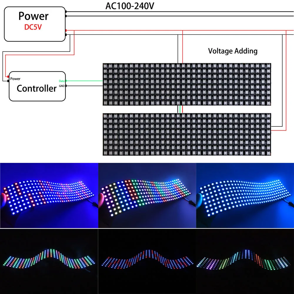 1-10Pcs WS2812B 5050 RGB Flexible 8X8 16X16 8X32Leds Pixel Matrix Screen Panel WS2812 Individually Addressable IC Strip Light 5V