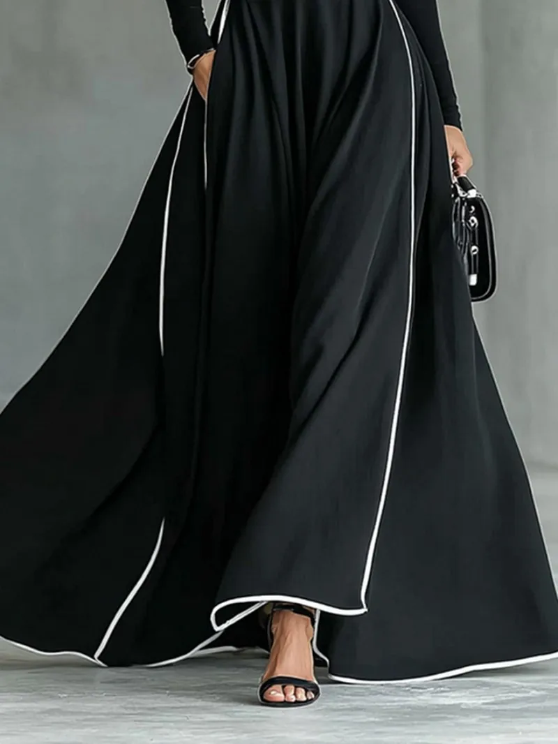 Women Elegant Turtleneck Maxi Dress Striped Print With Pockets Tight Belt Long Skirt Dresses Long Sleeve Office Party Dresses