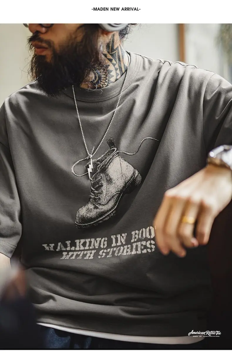 Maden Men's T-shirt Heavyweight Vintage Graphic Printed Crewneck Loose Oversized Short Sleeve Summer Tee Outdoor Streetwear