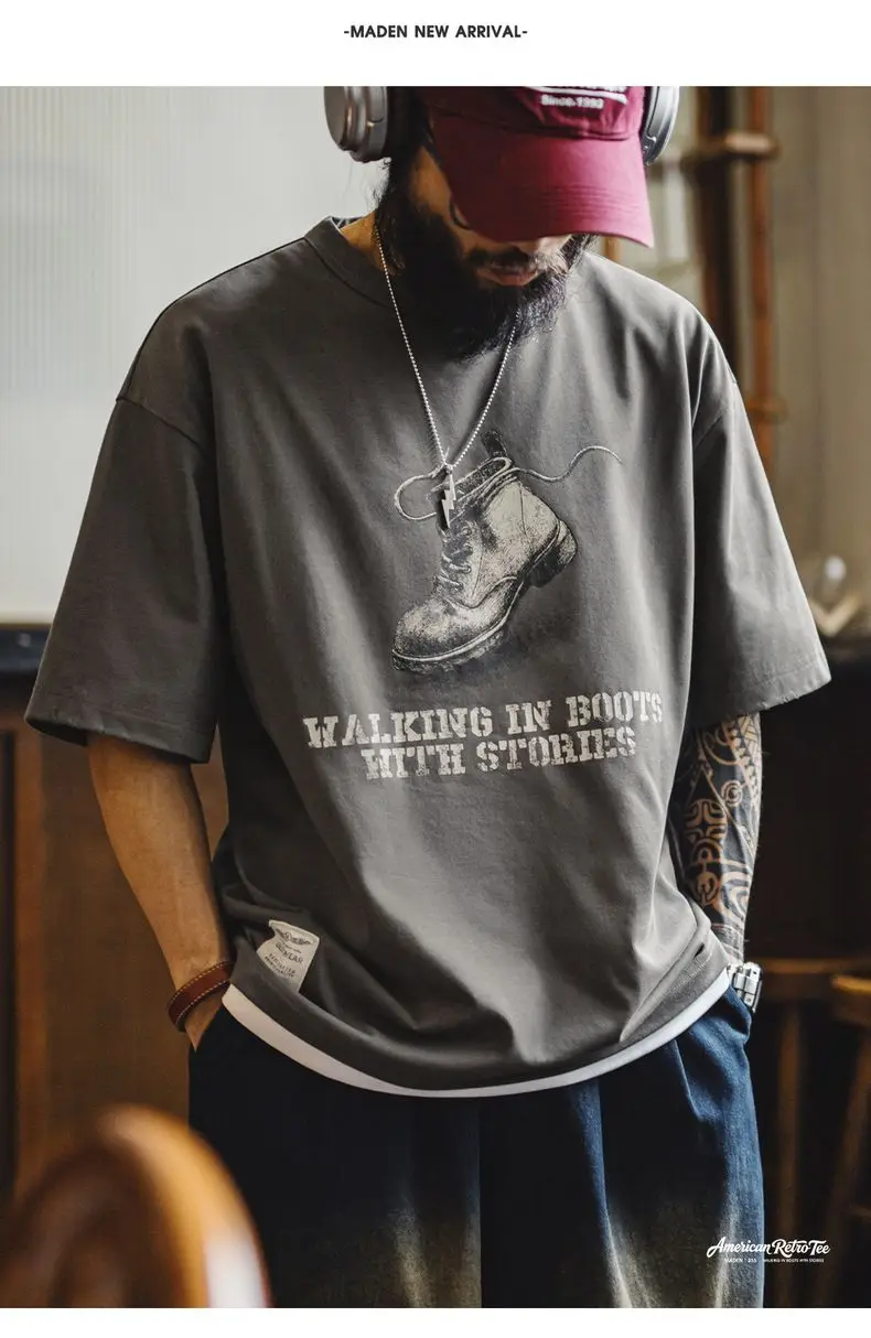 Maden Men's T-shirt Heavyweight Vintage Graphic Printed Crewneck Loose Oversized Short Sleeve Summer Tee Outdoor Streetwear