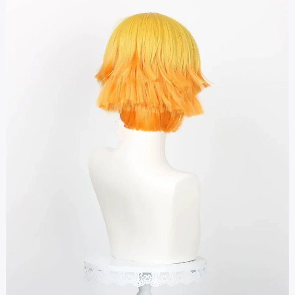 HAIRJOY Synthetic Hair Wig Zenitsu Wife Cosplay Wig Yellow Ombre Orange Curly Short Hair Wig Rose Net