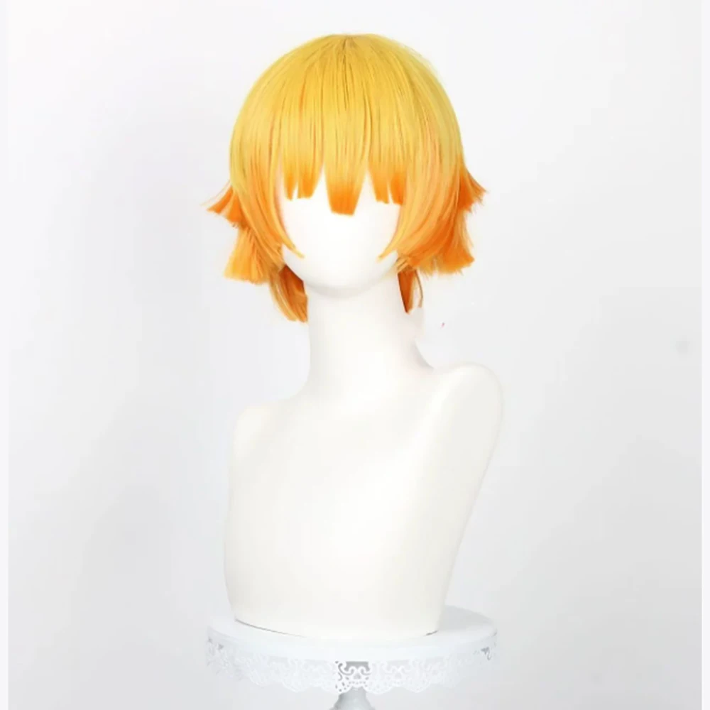 HAIRJOY Synthetic Hair Wig Zenitsu Wife Cosplay Wig Yellow Ombre Orange Curly Short Hair Wig Rose Net