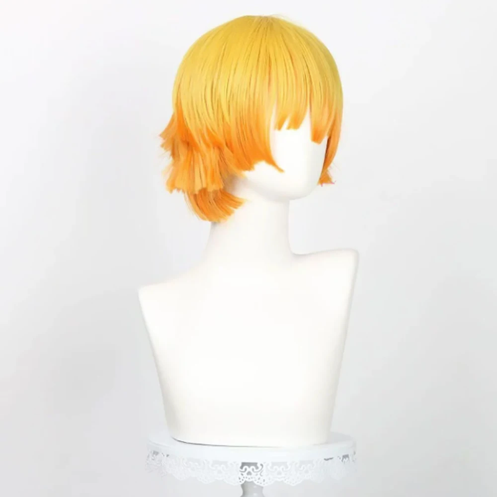 HAIRJOY Synthetic Hair Wig Zenitsu Wife Cosplay Wig Yellow Ombre Orange Curly Short Hair Wig Rose Net