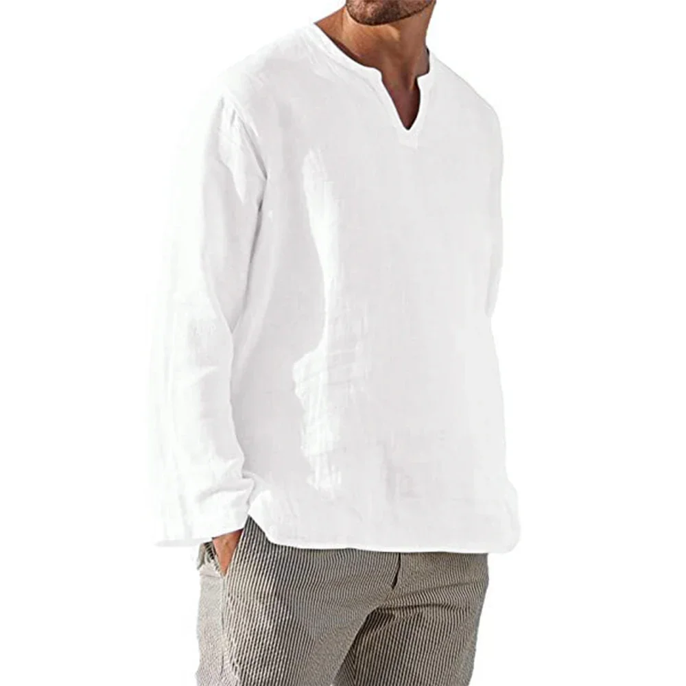 Men's Long Sleeve T-shirt Cotton Linen Solid Color Breathable Cozy Tops V Neck Casual Blouse Hawaiian Lightweight Male Tees