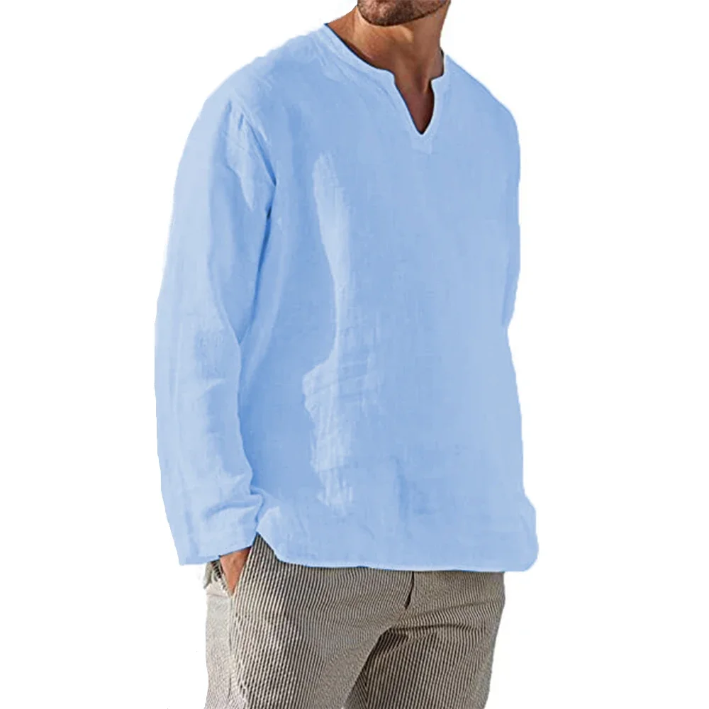 Men's Long Sleeve T-shirt Cotton Linen Solid Color Breathable Cozy Tops V Neck Casual Blouse Hawaiian Lightweight Male Tees