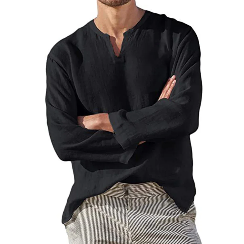 Men's Long Sleeve T-shirt Cotton Linen Solid Color Breathable Cozy Tops V Neck Casual Blouse Hawaiian Lightweight Male Tees