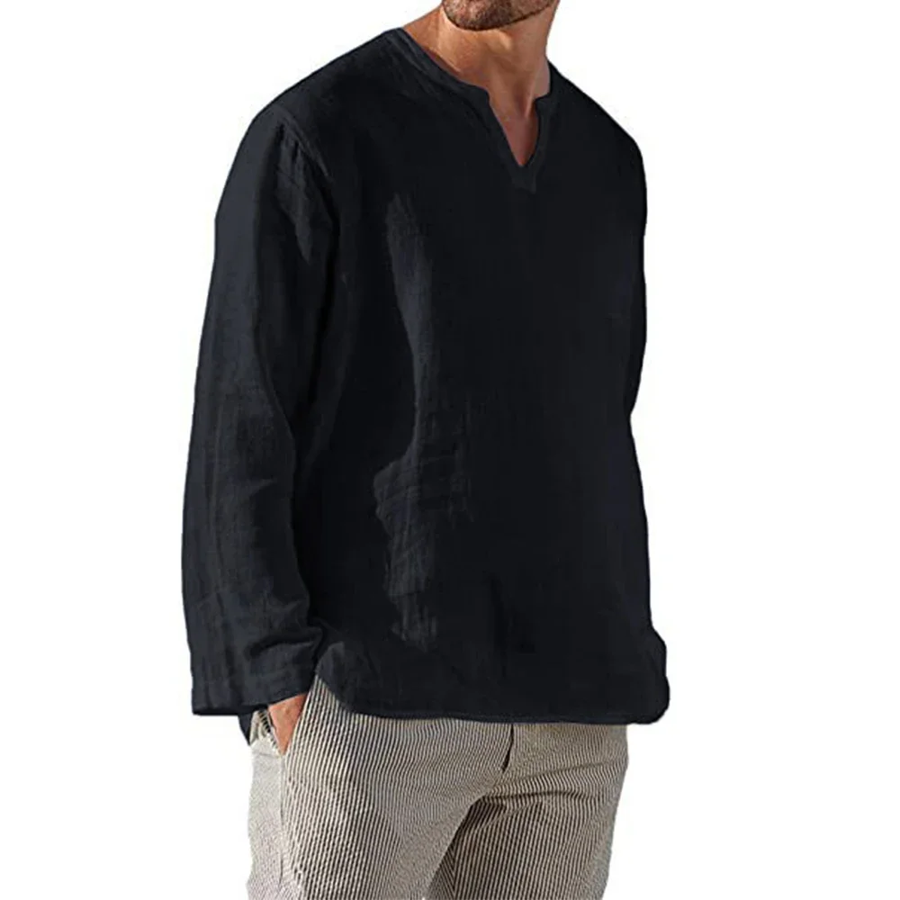 Men's Long Sleeve T-shirt Cotton Linen Solid Color Breathable Cozy Tops V Neck Casual Blouse Hawaiian Lightweight Male Tees