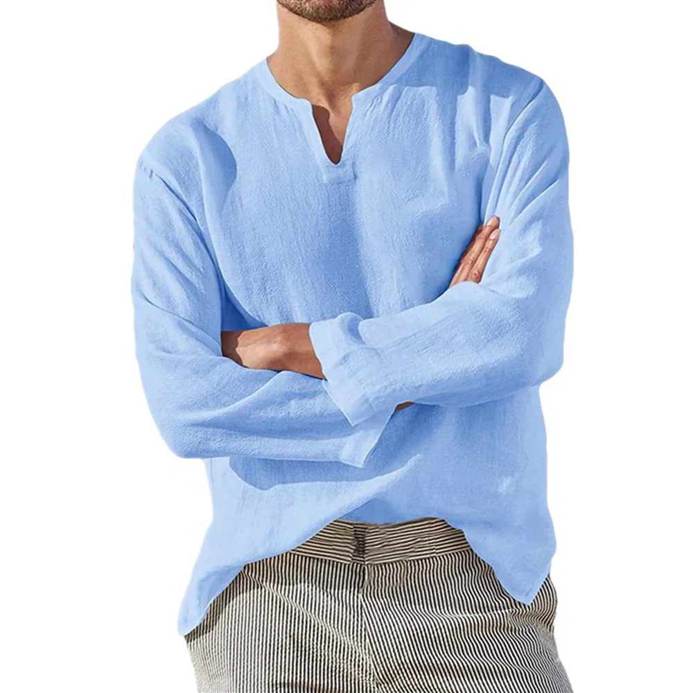 Men's Long Sleeve T-shirt Cotton Linen Solid Color Breathable Cozy Tops V Neck Casual Blouse Hawaiian Lightweight Male Tees