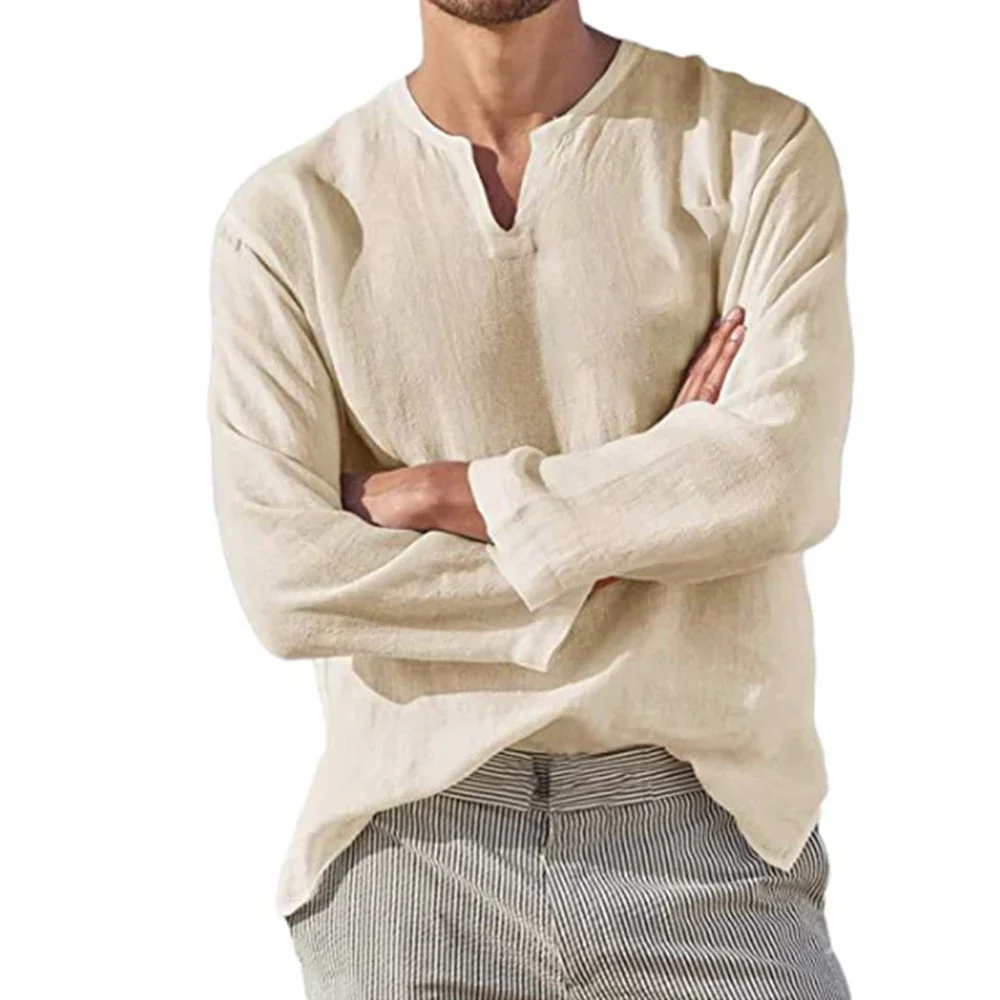 Men's Long Sleeve T-shirt Cotton Linen Solid Color Breathable Cozy Tops V Neck Casual Blouse Hawaiian Lightweight Male Tees