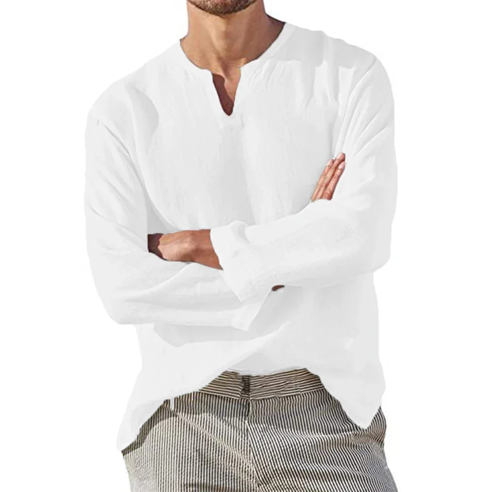 Men's Long Sleeve T-shirt Cotton Linen Solid Color Breathable Cozy Tops V Neck Casual Blouse Hawaiian Lightweight Male Tees