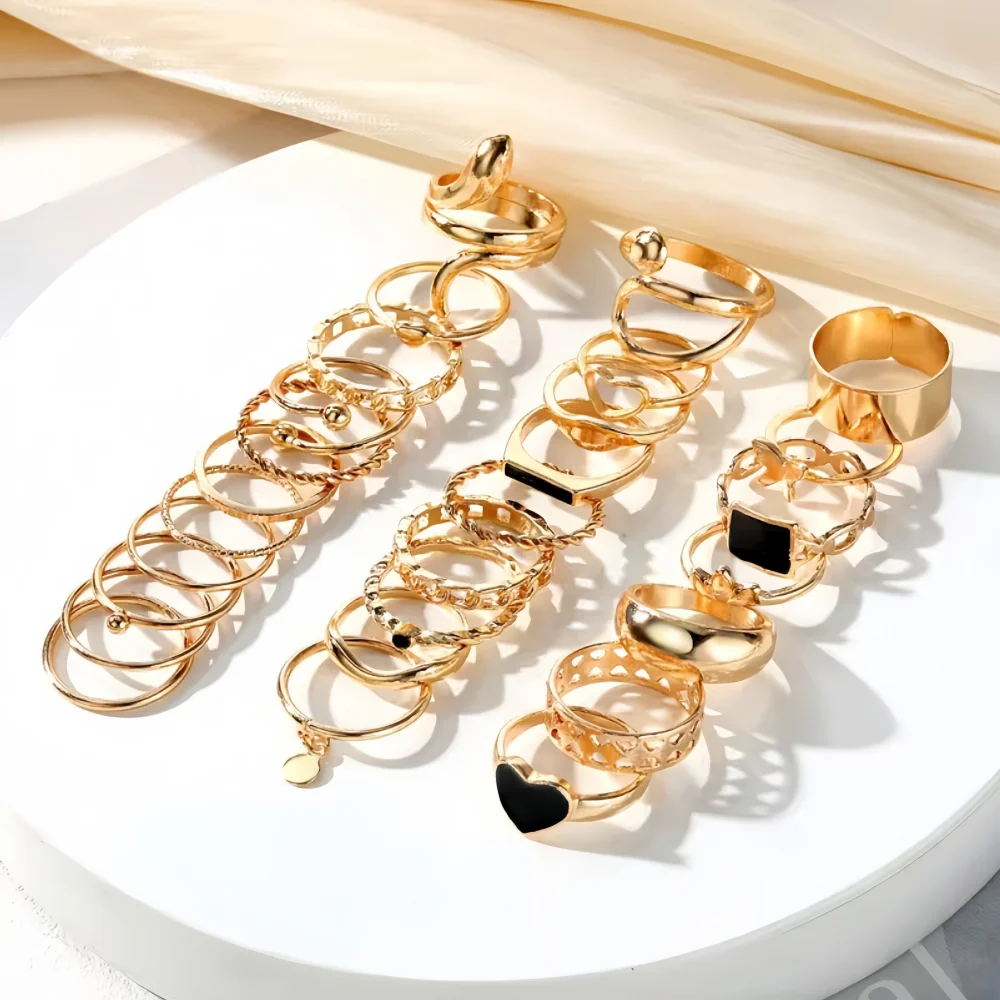 27Pcs/Lot New Fashion Rings For Women Geometry Heart Trendy Elegant Exquisite Charm Mix Style Jewelry Daily Holiday Party Gifts