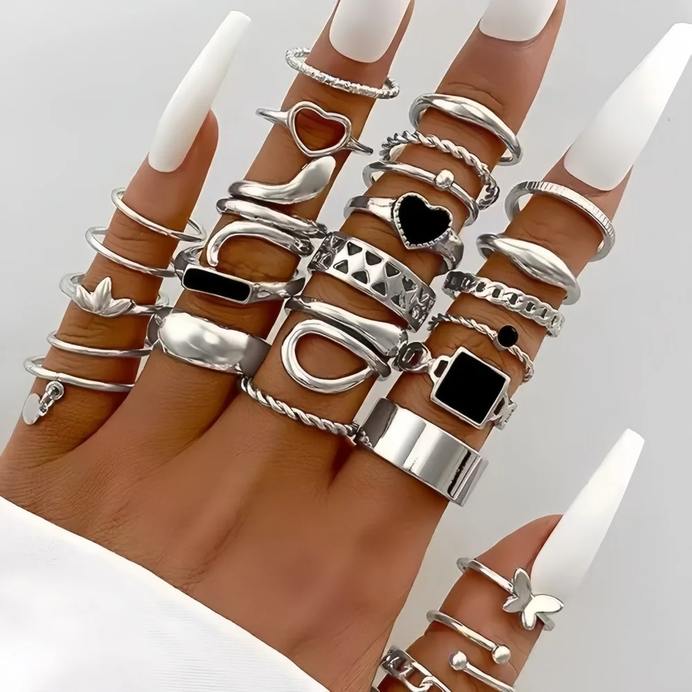 27Pcs/Lot New Fashion Rings For Women Geometry Heart Trendy Elegant Exquisite Charm Mix Style Jewelry Daily Holiday Party Gifts