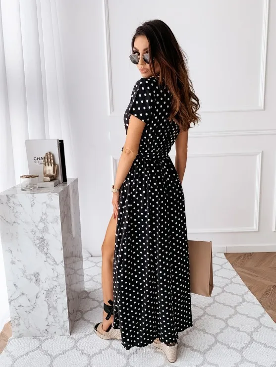 2026 Summer Bohemian Dresses For Ladies Vestidos Dress Woman Women's Clothing Slim Short Sleeves V-link Leace-up Slit Polka Dots
