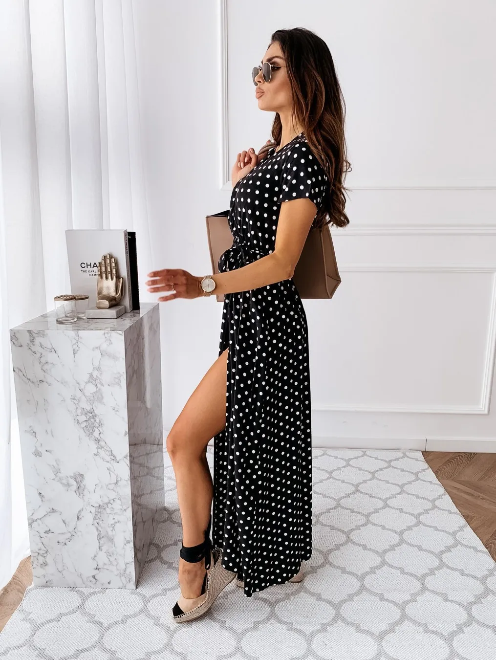 2026 Summer Bohemian Dresses For Ladies Vestidos Dress Woman Women's Clothing Slim Short Sleeves V-link Leace-up Slit Polka Dots
