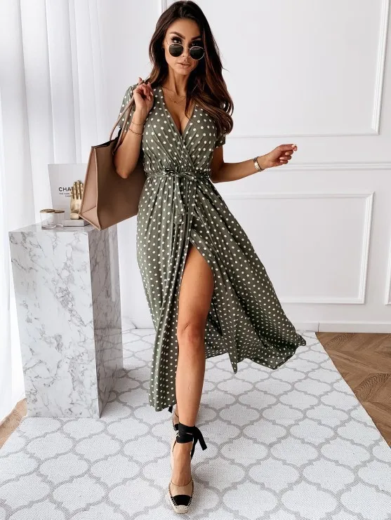 2026 Summer Bohemian Dresses For Ladies Vestidos Dress Woman Women's Clothing Slim Short Sleeves V-link Leace-up Slit Polka Dots