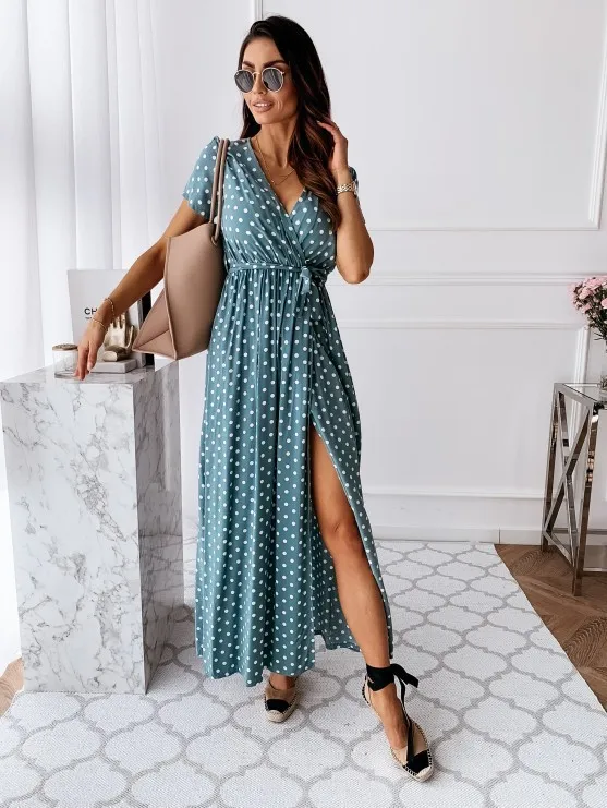 2026 Summer Bohemian Dresses For Ladies Vestidos Dress Woman Women's Clothing Slim Short Sleeves V-link Leace-up Slit Polka Dots