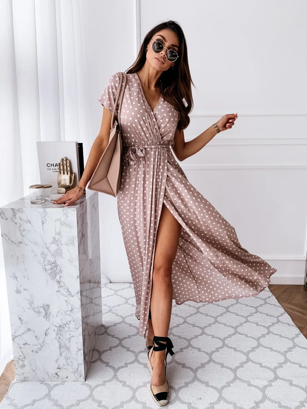 2026 Summer Bohemian Dresses For Ladies Vestidos Dress Woman Women's Clothing Slim Short Sleeves V-link Leace-up Slit Polka Dots